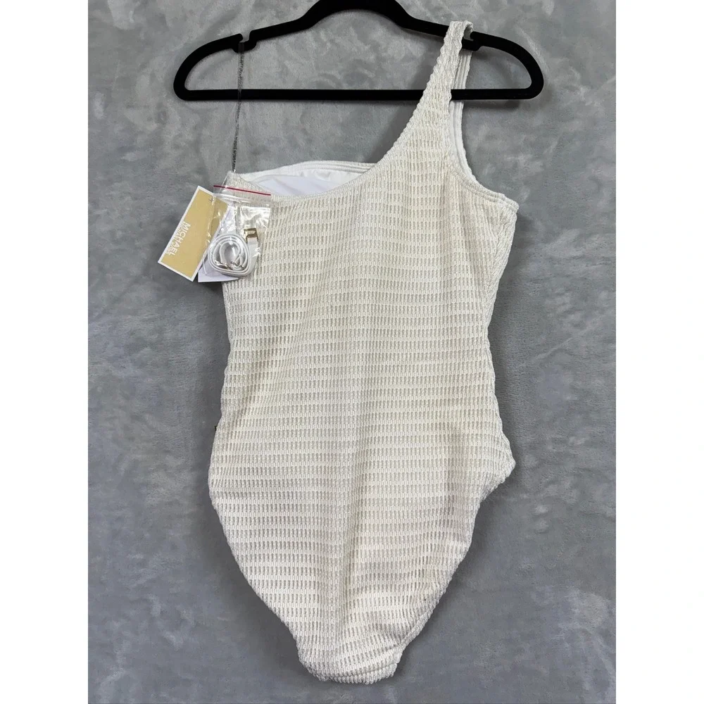 NWT Michael Kors One Piece Swimsuit Women Cream Gold Metallic Shoulder 6 $134